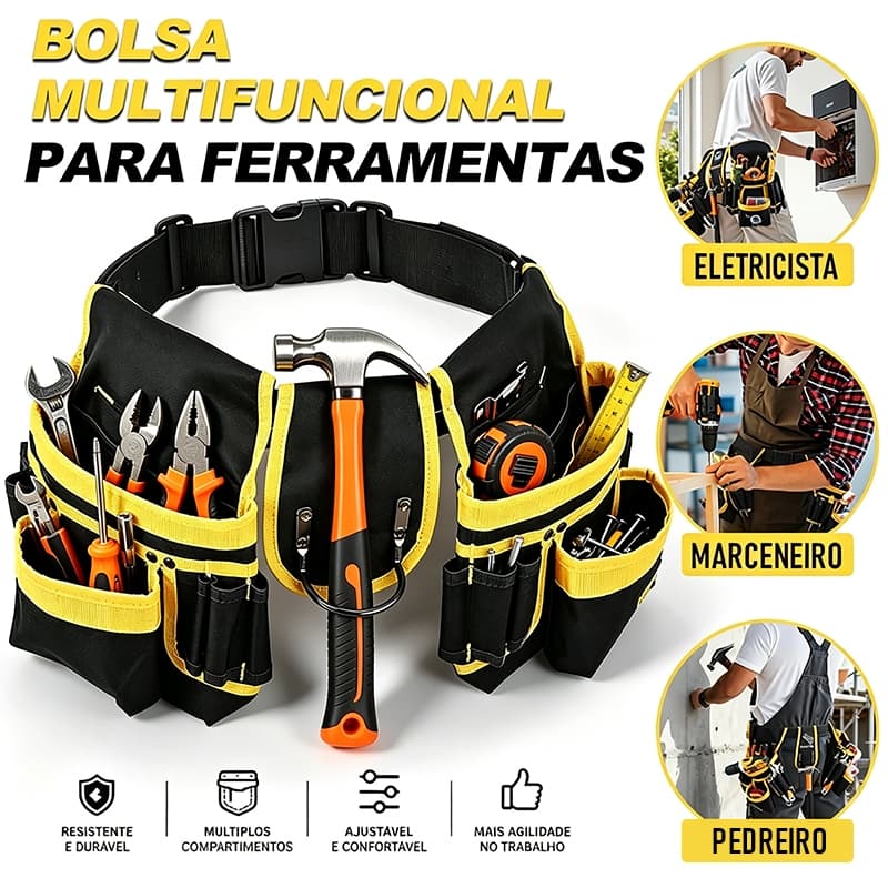 Cinto Bolsa Porta Ferramentas Profissional Resistente com Ímã, 26 Bolsos Ajustável, Ideal para Eletricista e Carpinteiro