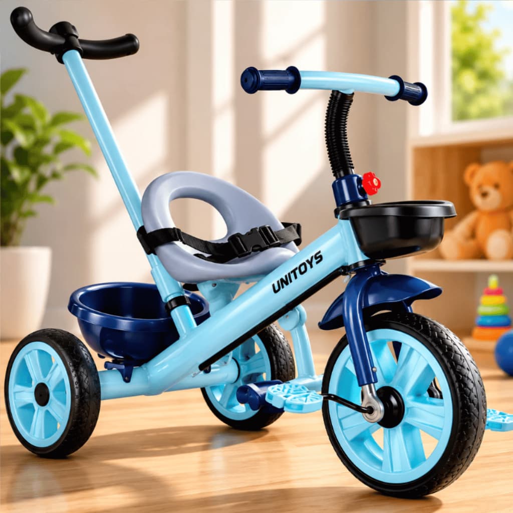 Triciclo Infantil com Empurrador e Pedal Azul para proporcionar passeios seguros para as crian