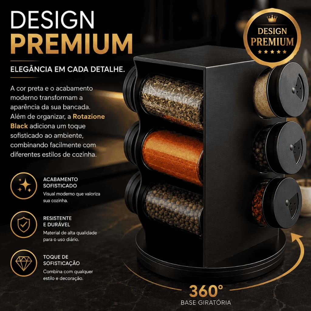 Porta Condimentos Giratório 360° com 6 Potes 80ml Organizador de Temperos Preto para Cozinha