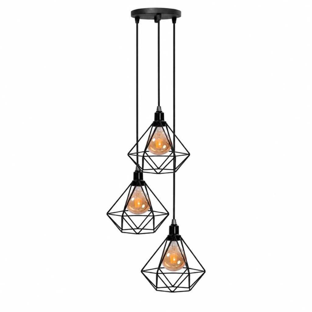 Luminária Pendente Aramado Diamante 3 Lâmpadas Cobre | Industrial E27 Decoração Moderna