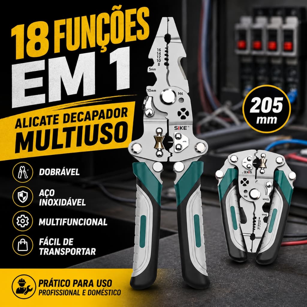 Alicate Multifuncional 18 em 1 FOLRA - Decapador Crimpador E Cortador De Fios Dobrável Para Eletricista