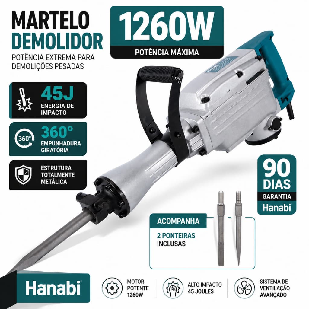 【Hanabi】Martelo Demolidor Hanabi 1260W 45J Profissional Rompedor Concreto Piso Pesado Com Maleta