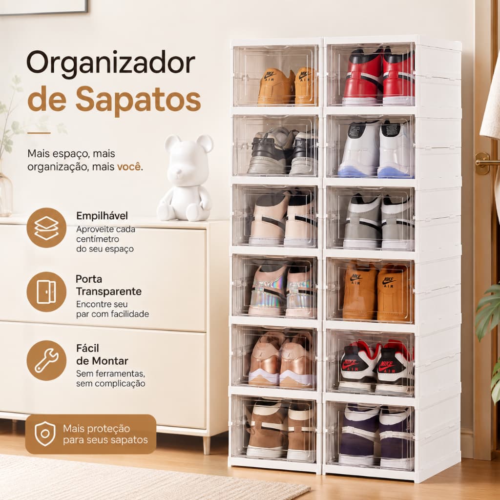 12 compartimentos Caixa organizadora de sapatos dobrável sem montagem, plástico empilhável anti-poeira