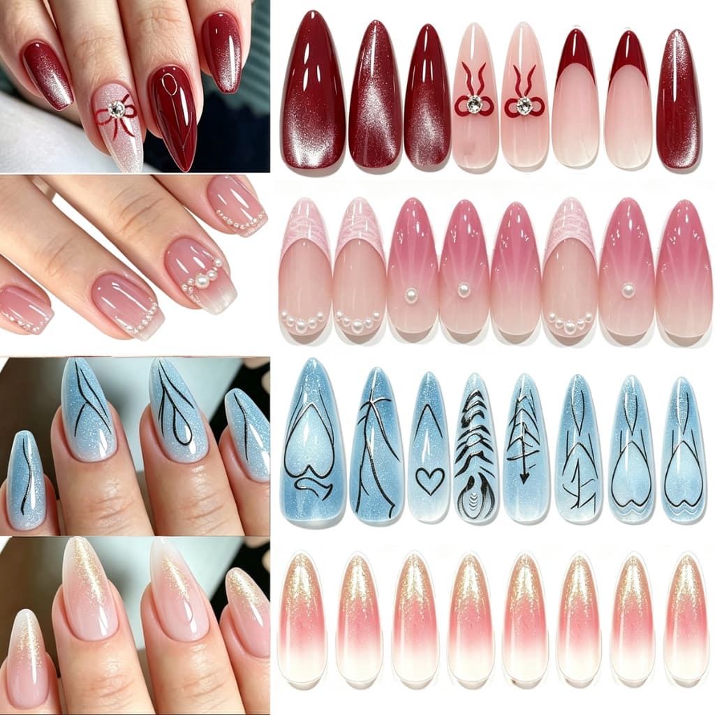 Unhas Postiças com Fita Adesiva Formato Amêndoa Longa Design Artístico com Strass e Desenho Autocolante 24 Unidades