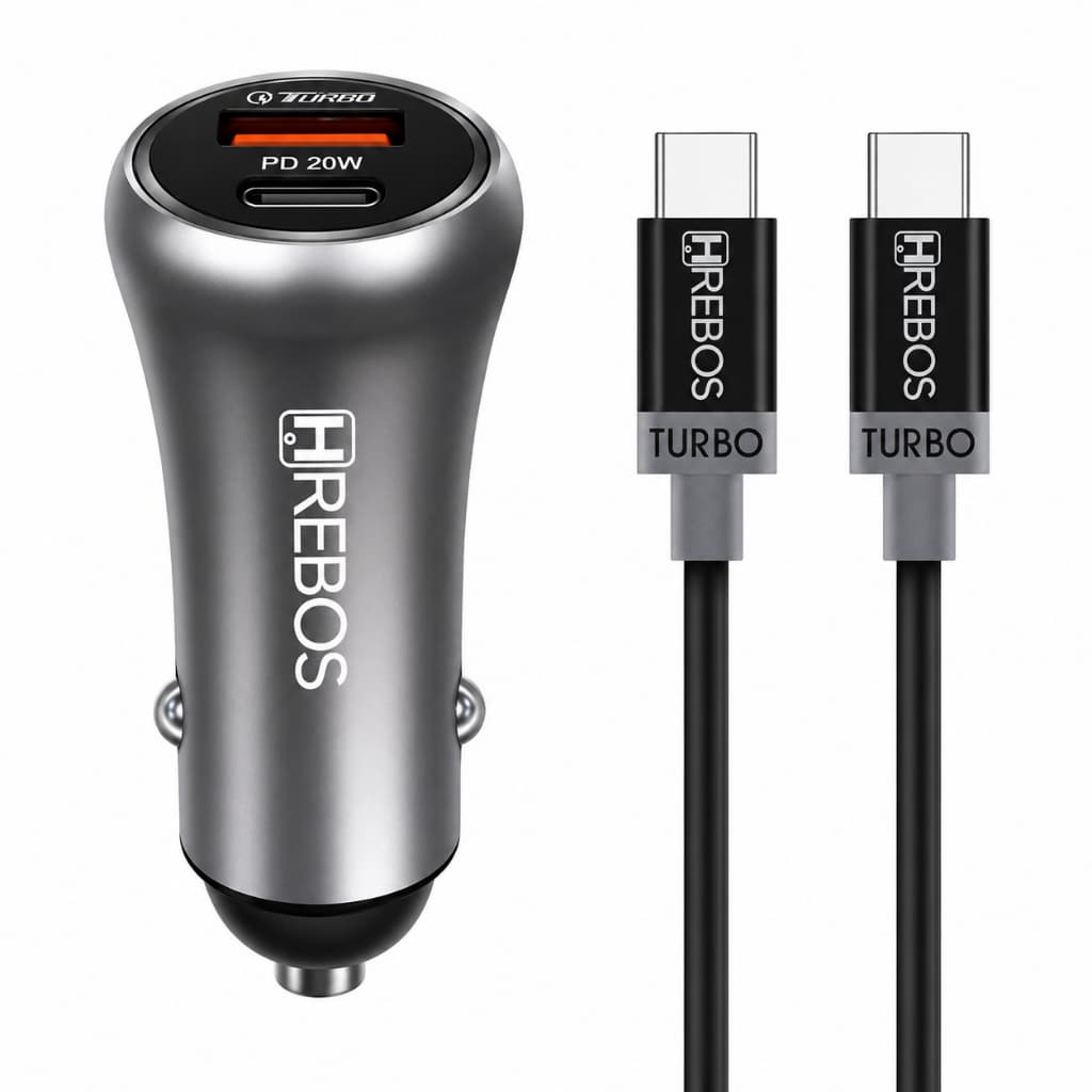 Carregador Celular Veicular Hrebos Turbo 20W PD USB-C USB-A 12V 24V + Cabo Tipo C Duplo CRV-395C