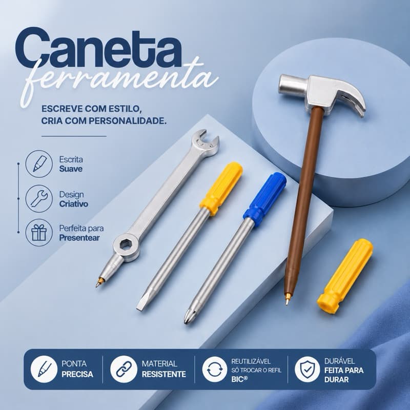 Caneta Ferramenta 3D Criativa | Martelo, Chave de Fenda e Chave de Boca | Caneta Diferente e Reutilizável