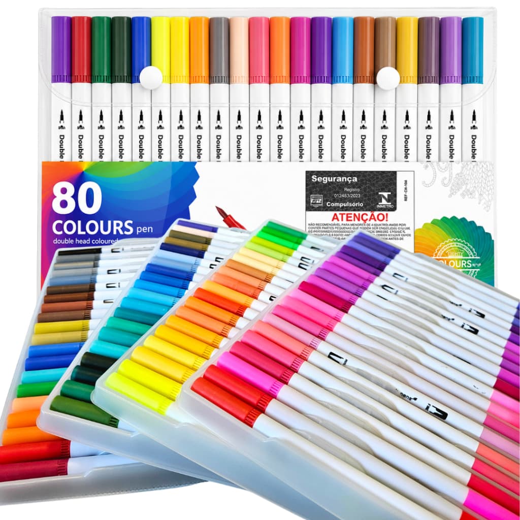 Kit 24/80 Canetinhas 2 em 1 Brush Pen para Colorir  - Ponta Dupla Pincel e Fine Line