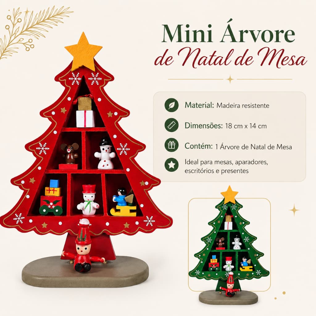 Mini Árvore de Natal de Mesa Madeira Enfeite Natalino 18cm