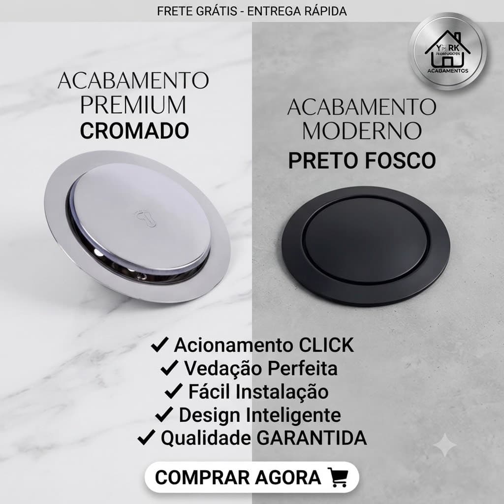 Ralo Click Inteligente 15 x15cm – em Metal Inox Redondo Cromado ou Preto Fosco Piso Banheiro Lavabo