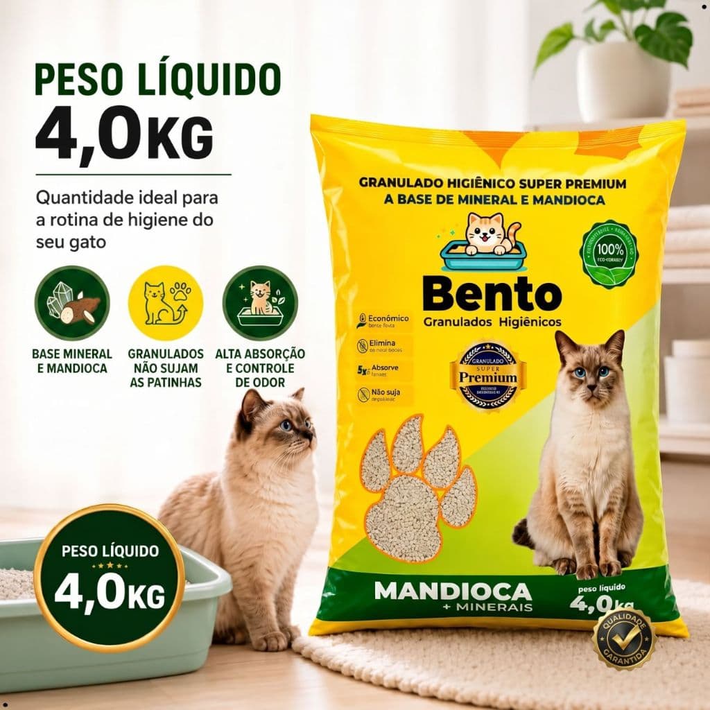 Areia Higiênica Para Gatos 4kg Super Premium Alta Absorção Mandioca e Minerais Sem Cheiro Torrões