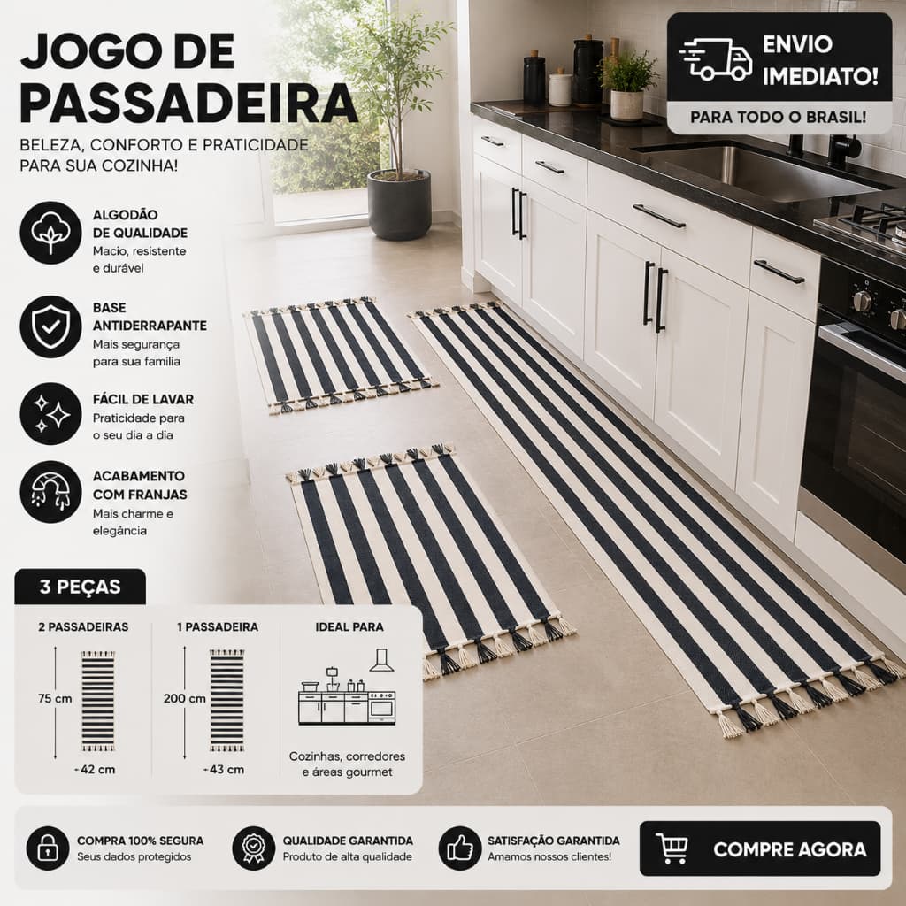 Kit 3 Tapetes/Passadeira Búzios Listrados com Franjas para Cozinha e Pia em Algodão Lavável
