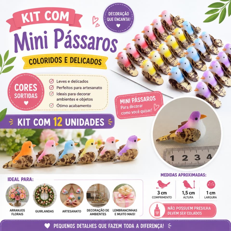 Caixa com 48 Mini Pássaros Decorativos Coloridos 3cm para Artesanato, Arranjos e Decoração