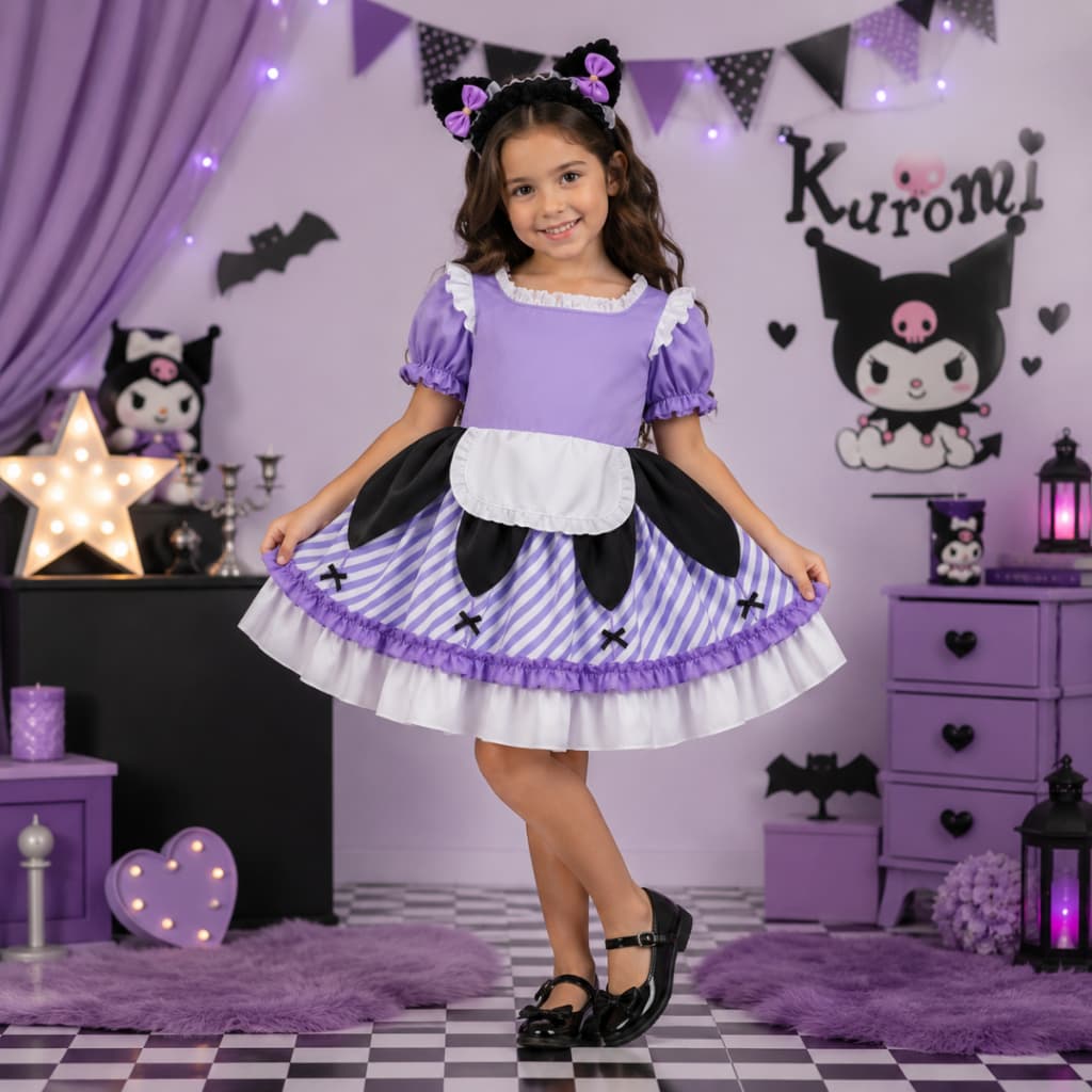 Fantasia Kuromi de Sanrio Lolita Infantil para Festa Aniversário Halloween Fantasia Infantil Sanrio Punk-Kawaii Cosplay