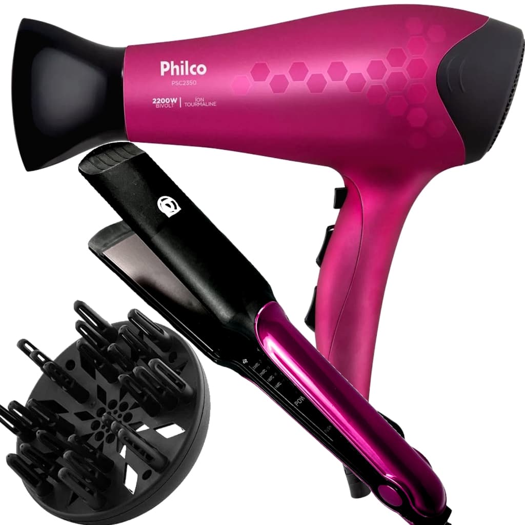 Secador De Cabelo Philco Profissional Ion 2200w Ar Quente Frio Stilo Com Difusor Prancha Cerâmica 210c Bivolt