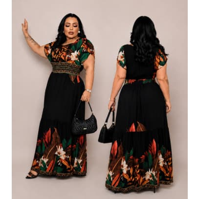 Vestido Feminino Plus Size Duna Premium Longo Estampado Manga Tulipa Elegante Confortavel Estilosa Luxo