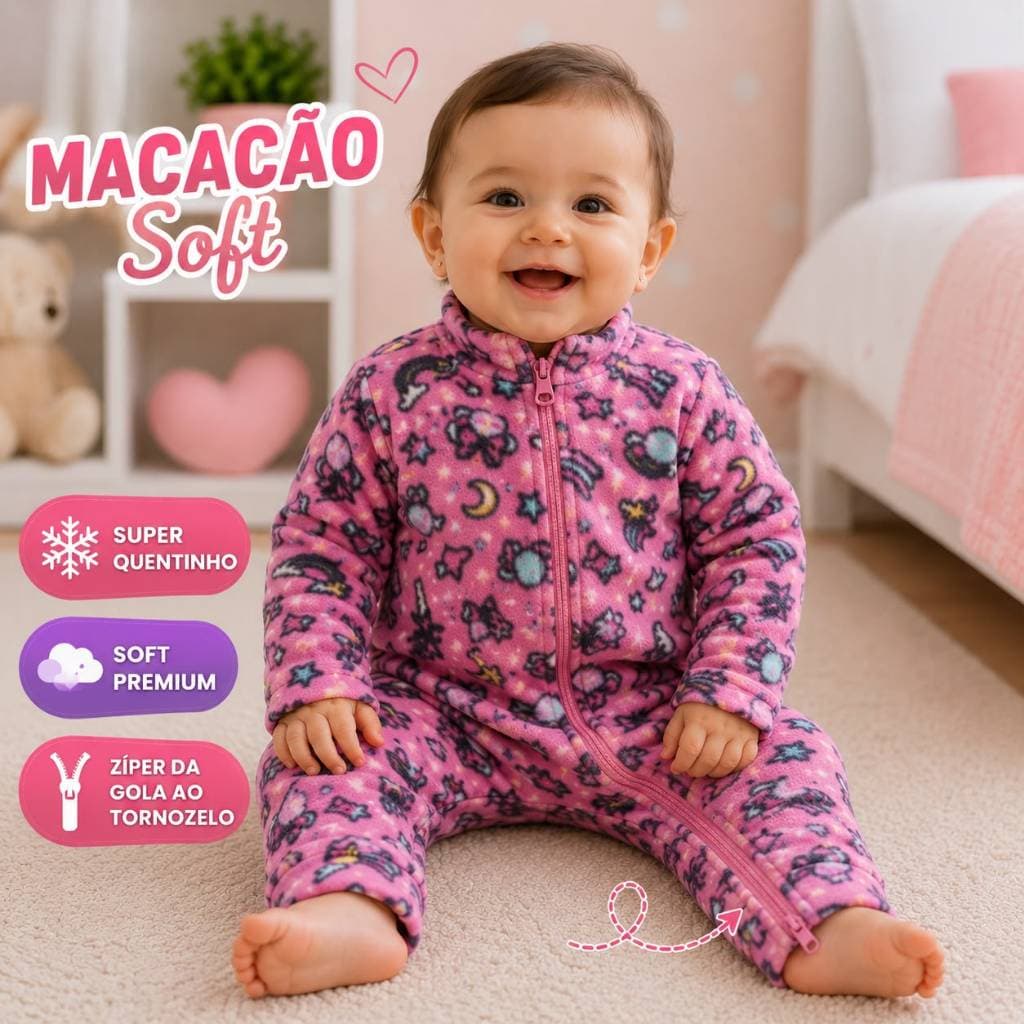 Macacão Bebê soft infantil baby kids pijama com zíper da gola ao tornozelo quente frio inverno