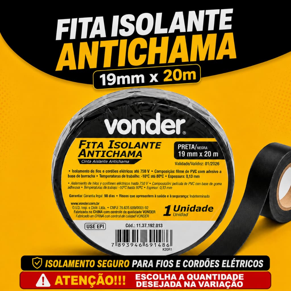 Kit Fita Isolante Antichamas 19mm x 20 metros Isolar Vonder PVC Adesivo a base de Borracha -10°C até 80°C