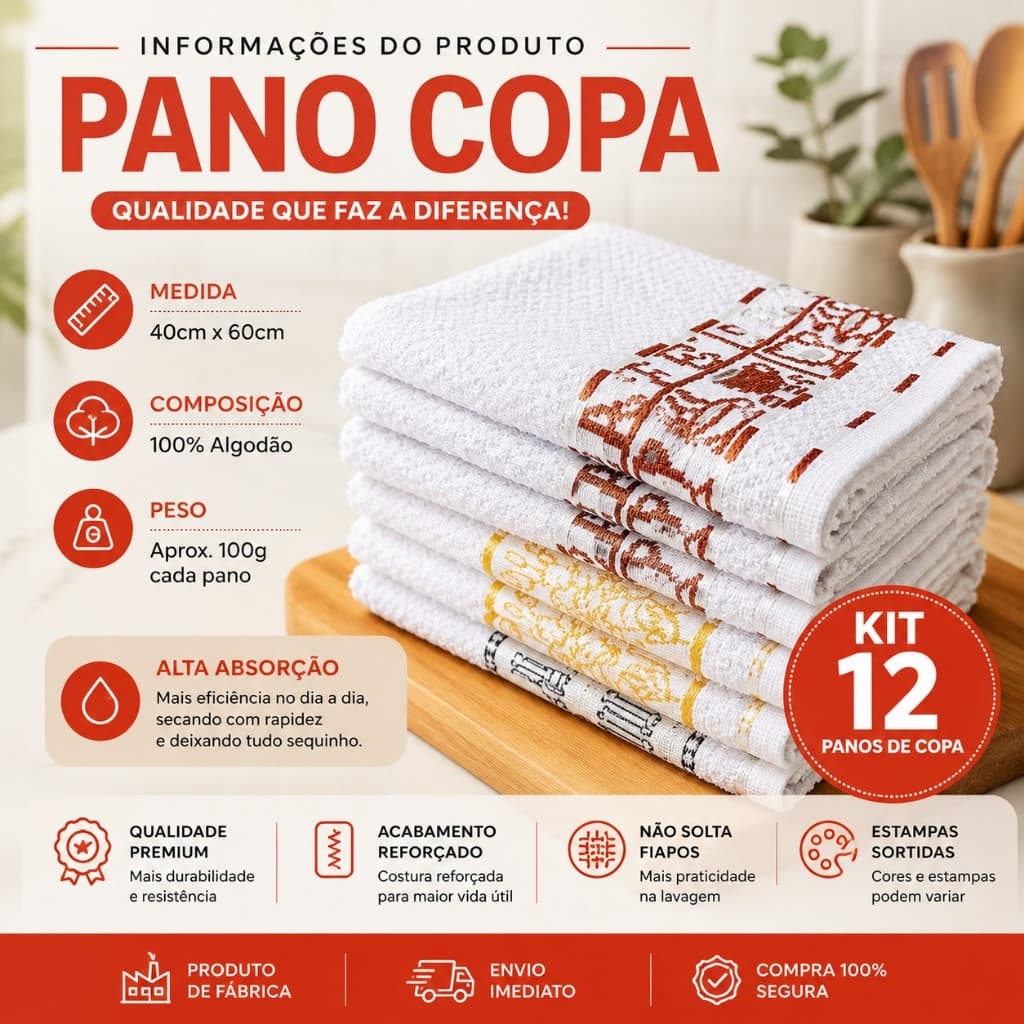 Kit 12 Pecas Pano De Prato Atoalhado Felpudo Gourmet 100% Algodão Pano de Prato Premium