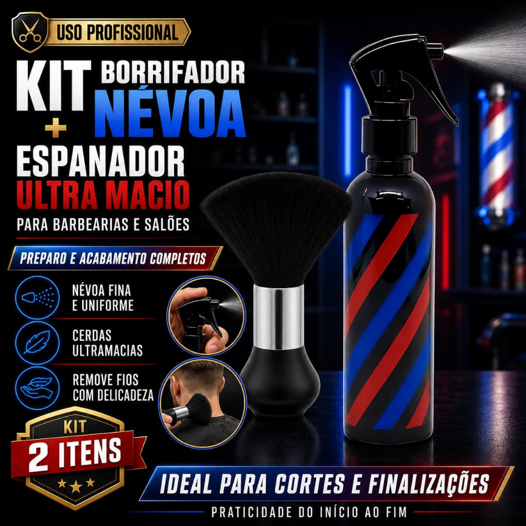 Borrifador Névoa Cabelo Barbearia Barbeiro + Espanador De Cabelo Profissional Ultra Macio