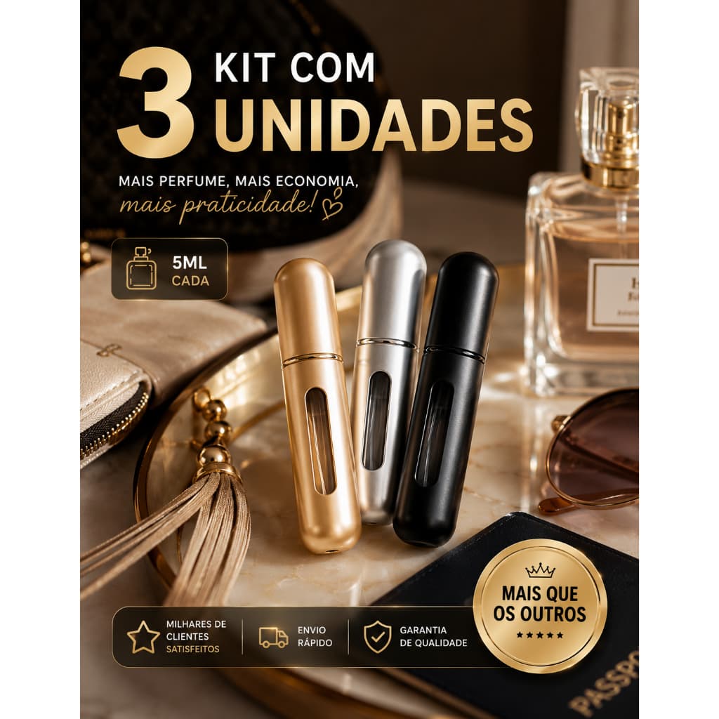 Kit 3 Porta Perfume Recarregável 5ml Portátil  Mini Frasco Spray Visor Bolsa Viagem Necessaire Atomizador