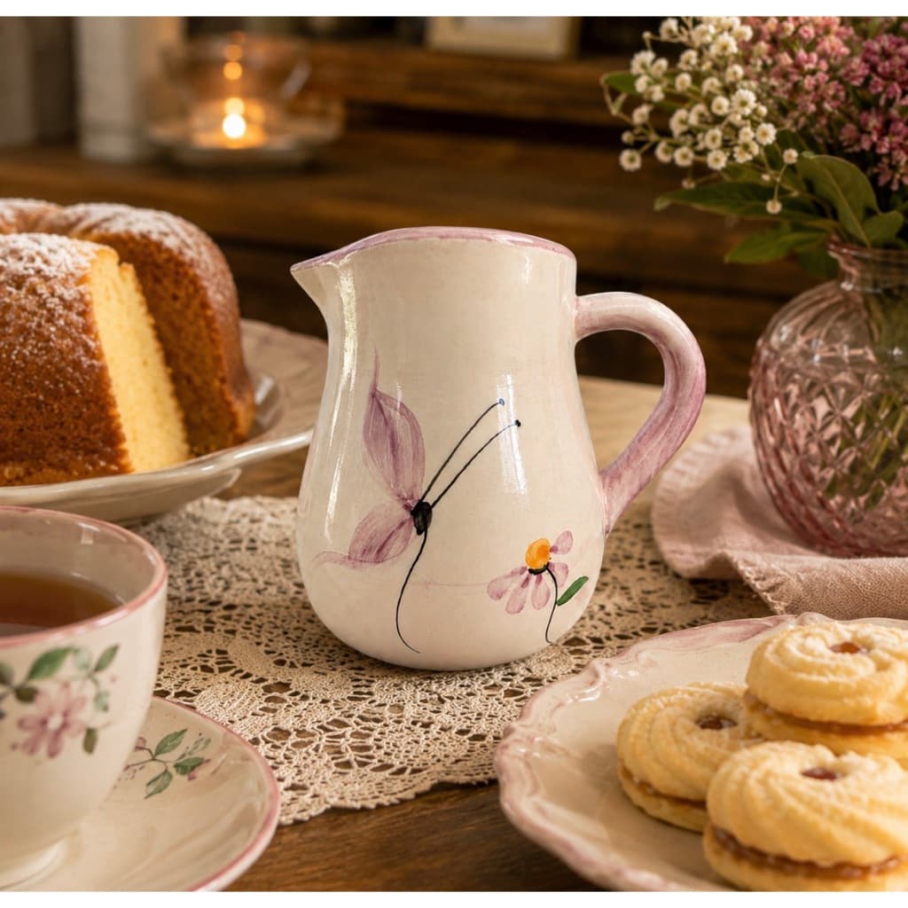 Leiteira de Cerâmica Decorada Floral Jarra para Leite e Café Bule Pequeno Artesanal Decoração Cozinha 300 ml