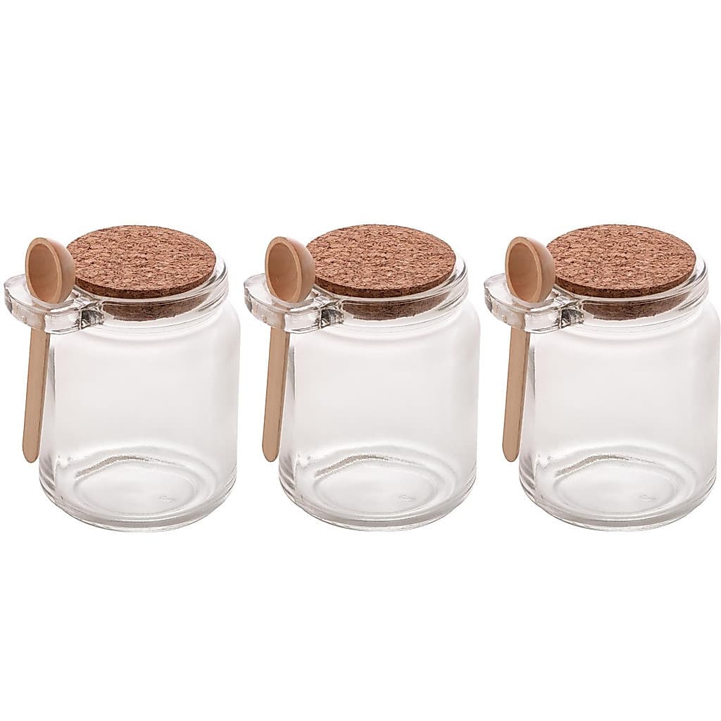 Kit 3 6 ou 9 Potes de Vidro 240ml com Colher Bambu Tampa Rolha Porta Temperos Doces Balas Especiarias