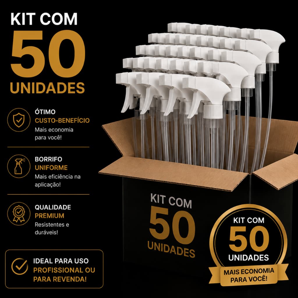 Kit 50 Gatilho Borrifador Valvula Spray Multiuso Adaptável Garrafa Pet Limpeza Jardim Aromatizador