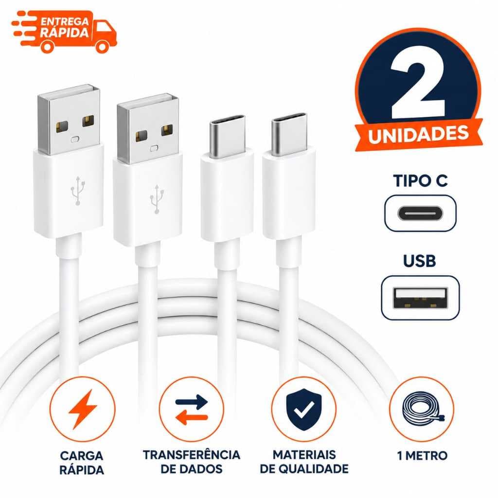 Kit 2 Cabos Tipo C Usb Compátivel Celular Android iPhone 15 ao 17 Carregamento Rápido Turbo Resistente