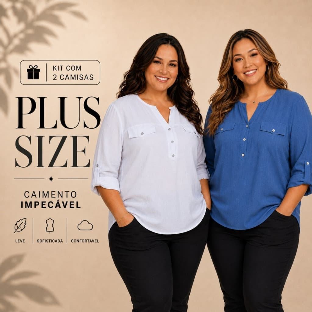 Kit 2 Camisa Social Feminina Plus Size Elegante Lisa Confortável Manga 3/4