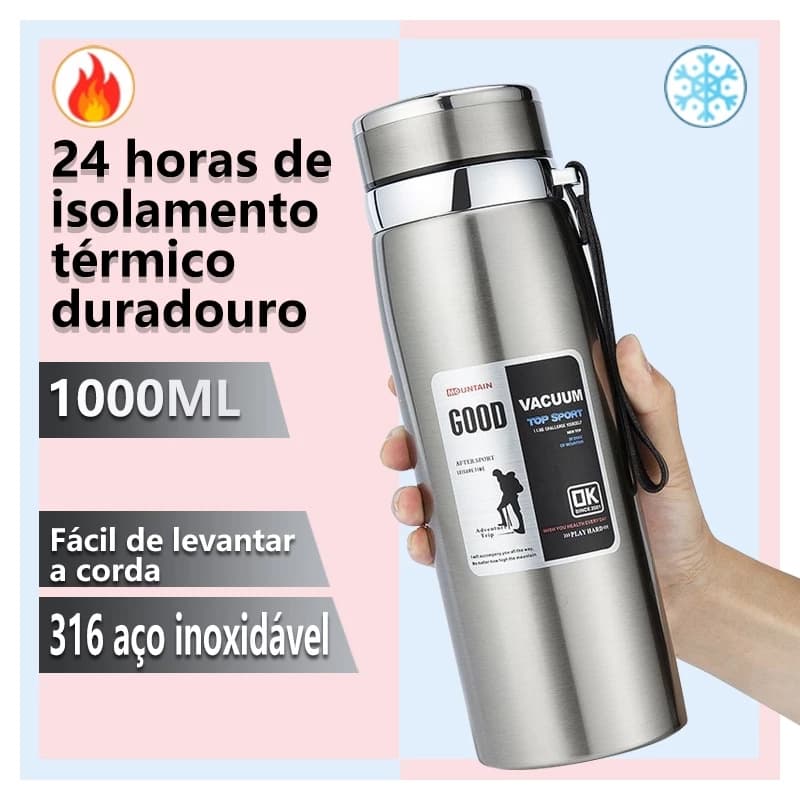 Garrafa térmica de aço inoxidável de 1 000 mililitros, com corpo de dupla camada e alça, adequada para água potável e ca