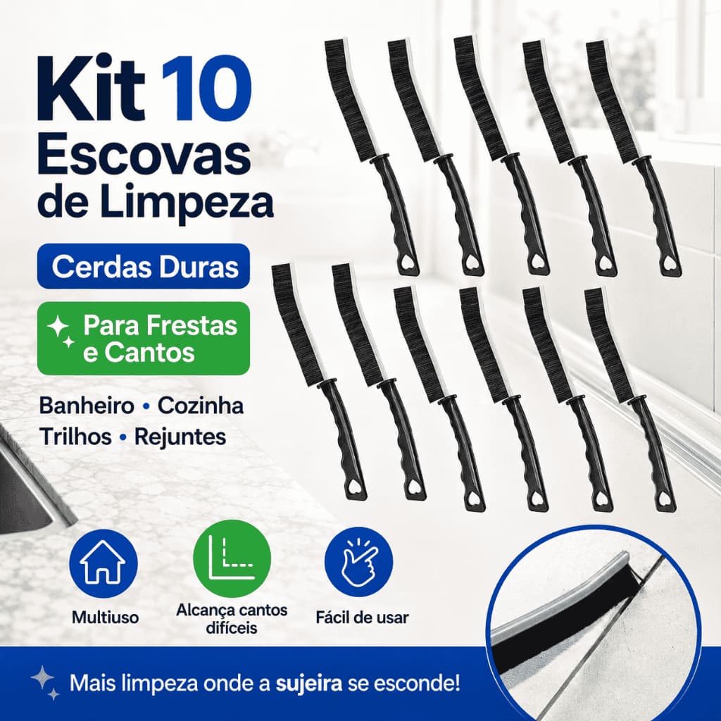 Kit 10 Escovas de Limpeza para Frestas Cantos Rejuntes e Trilhos de Janelas