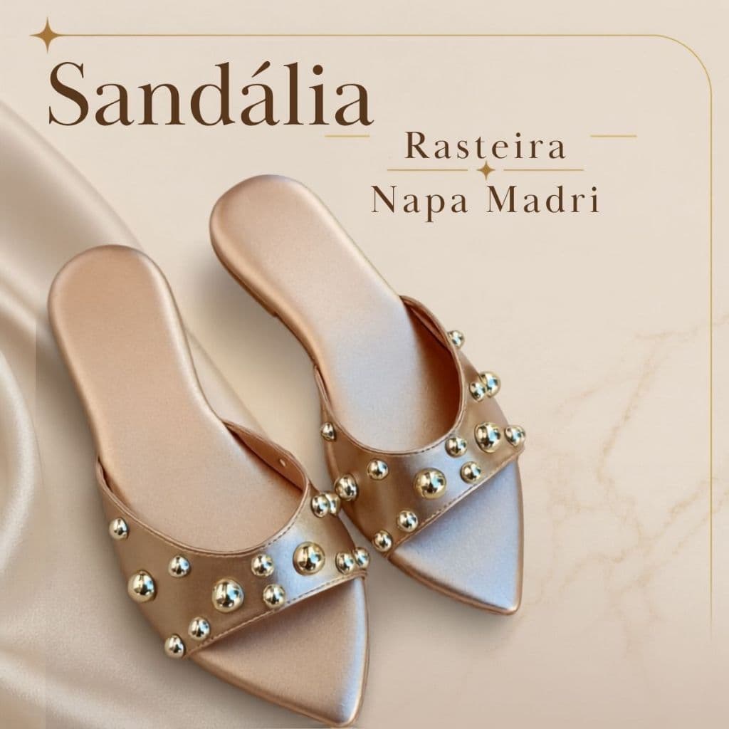 Sandália Feminina Rasteira Napa Madri Bico Folha Palmilha Confortável Elegante e Sofisticada