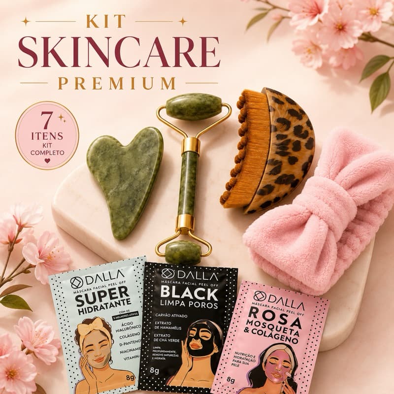Kit 7 Itens Skincare Premium Rolo de Jade + Pedra Gua Sha + Escova Facial + Faixa + 3 Máscaras Dalla
