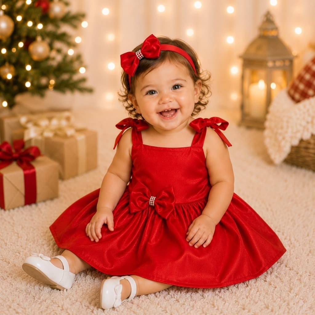 Vestido  infantil ANINHA com Turbante//Vermelho/Faixinha/Menina /Natalino/Verão/Natal/Reveillon