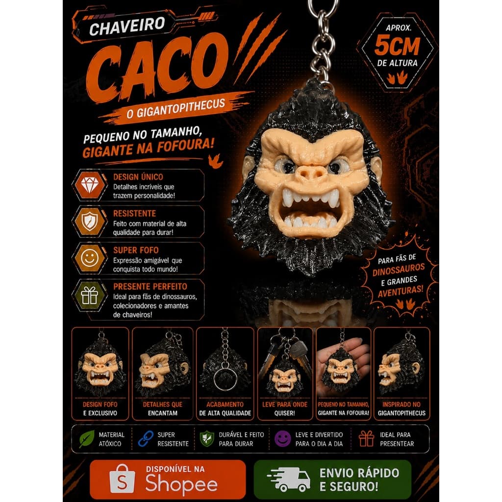 🦍 Chaveiro Caco | Gigantopithecus | Impressão 3D em PLA | Fofo, Leve e Cheio de Personalidade  Leve a força e o carisma