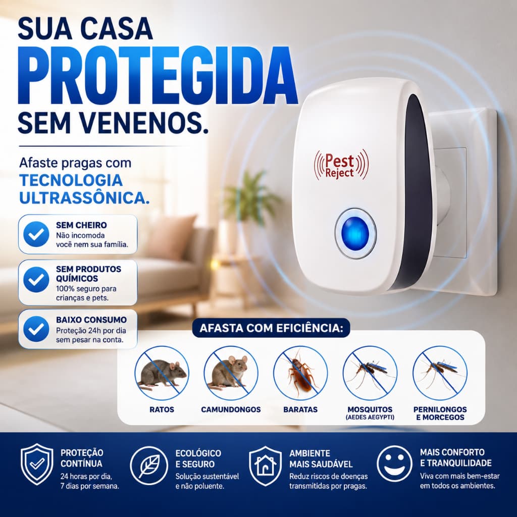 Repelente Eletrônico Ultrassônico Bivolt | Afasta Pragas Sem Veneno | Residencial e Comercial A