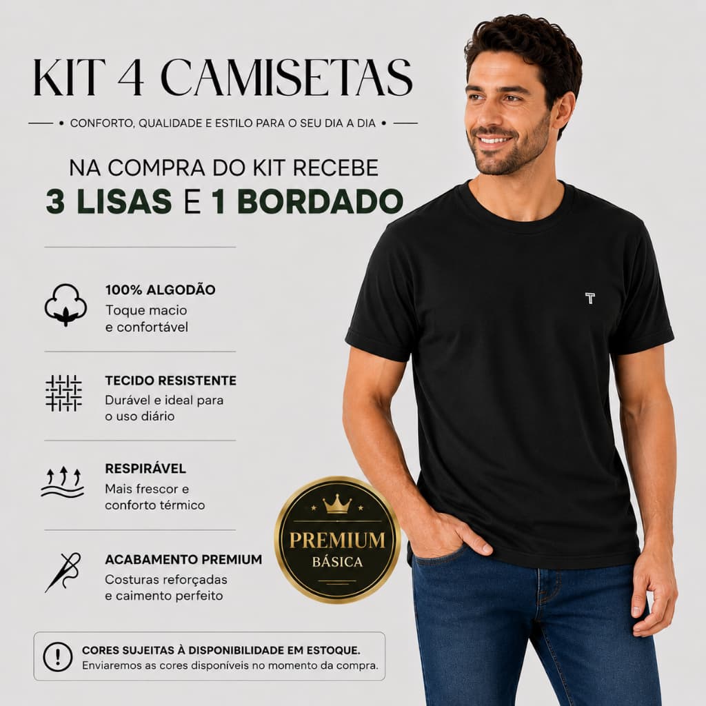 KIT 4 CAMISETAS BÁSICAS MASCULINA-CORES SORTIDAS-100% ALGODÃO PREMIUM