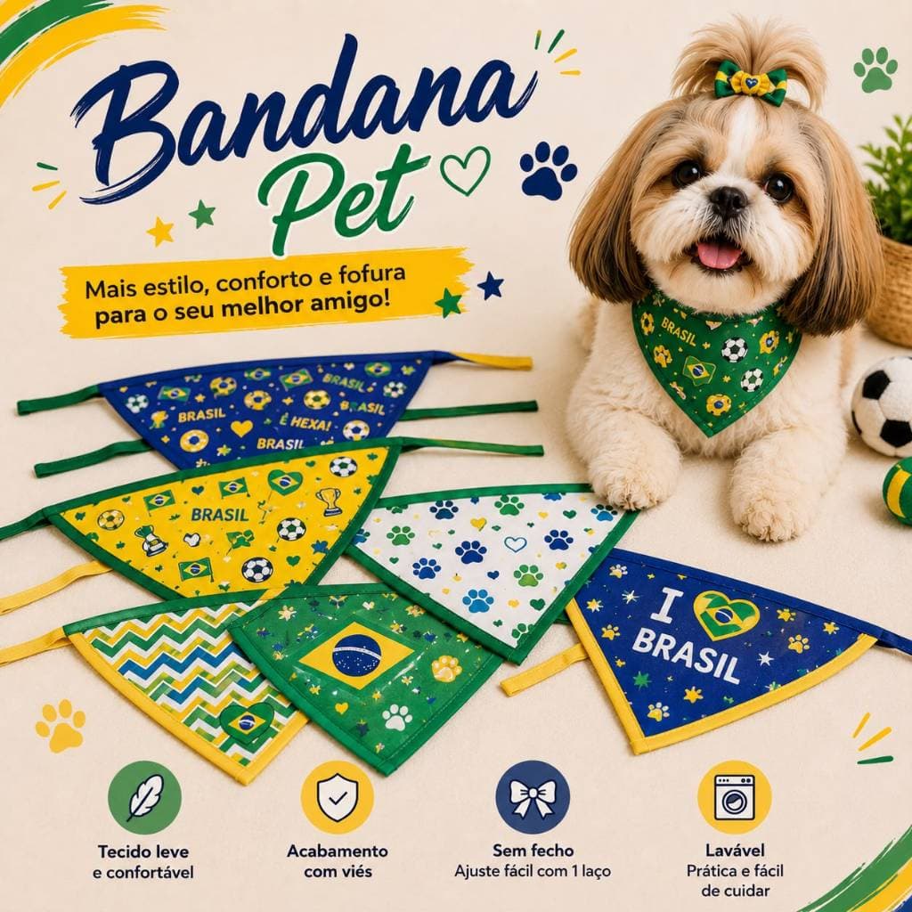 KIt Bandana Brasil Para Pet Shop Banho e Tosa, futebol copa do mundo cachorro gato alta qualidade