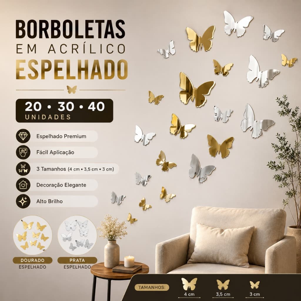 Kit Borboletas Acrílico Espelhado 20/30/40 Un Dourado ou Prata 3 Tamanhos Decoração Artesanato