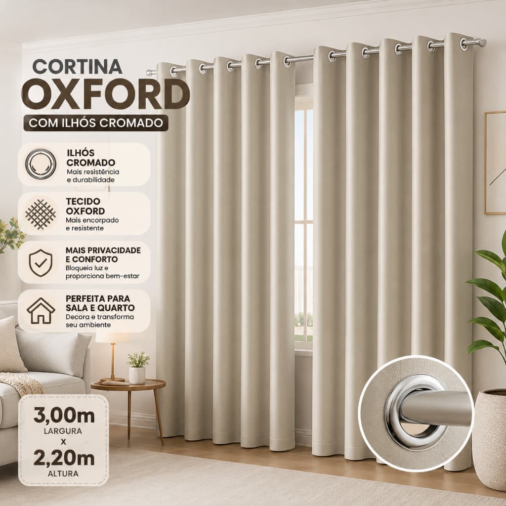 Cortina Oxford Grande Ilhos cromado sala Quarto