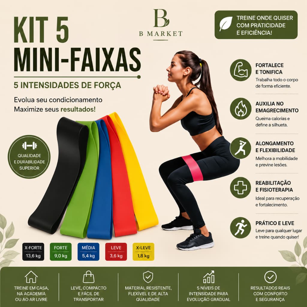 Kit 5 Faixas Elásticas Mini Bands GGUAN Exercicio Resistance Belt