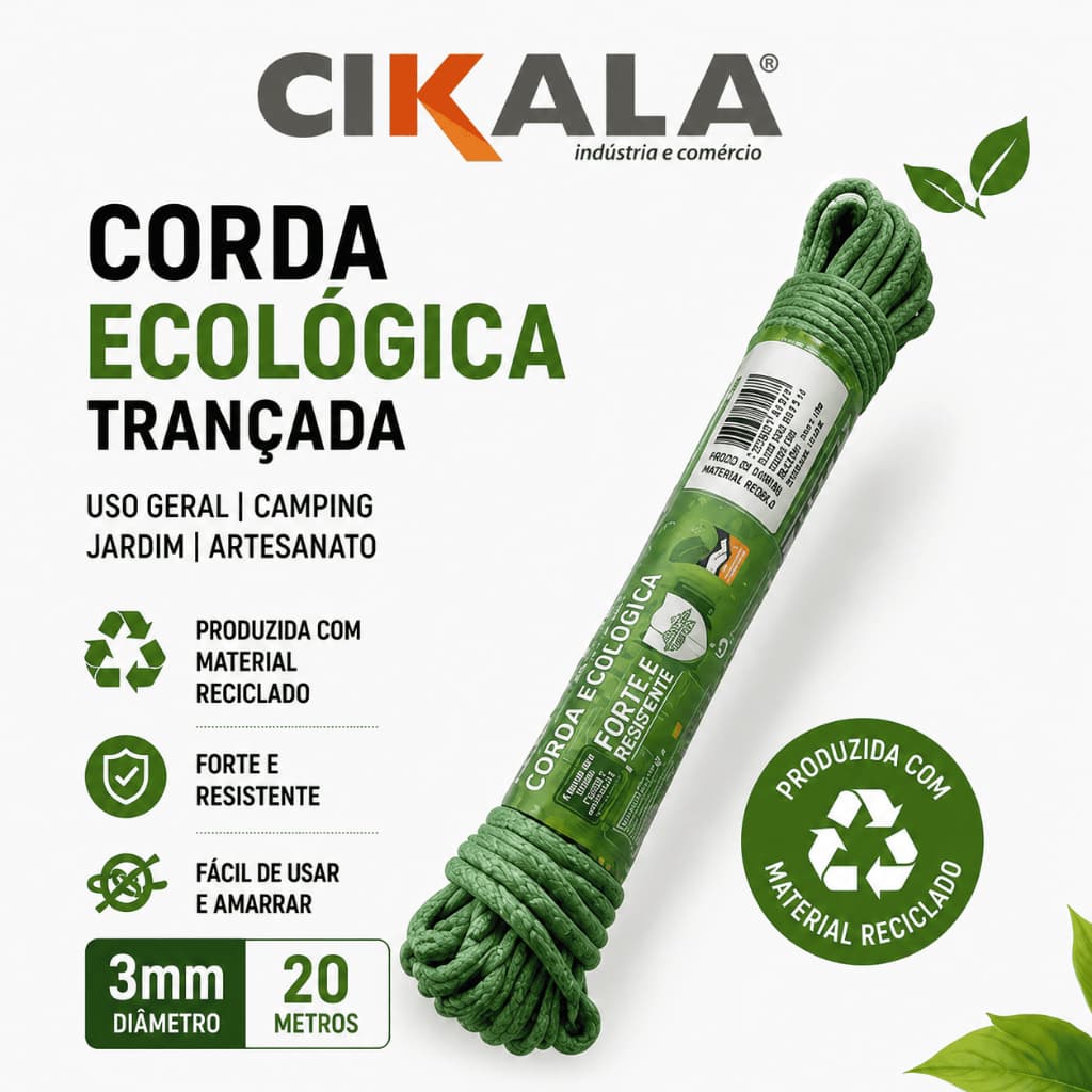 Corda Ecológica Trançada Verde 3mm x 20 Metros para Camping e Uso Geral