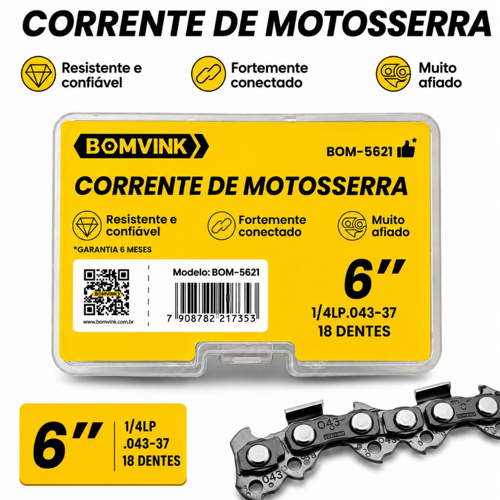 Corrente Tamanho 6" Para Mini Motosserra Elétrica 18 Dentes Passo 1/4" Calibre 1,1mm | Alta Performance
