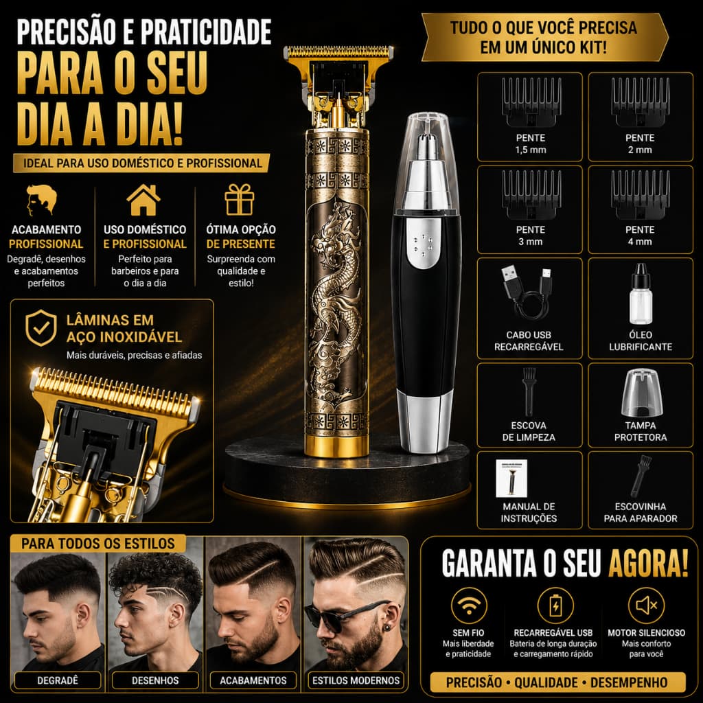 Kit Máquina de Cortar Cabelo Profissional Sem Fio Dragão + Aparador de Pelos Nariz Recarregável USB