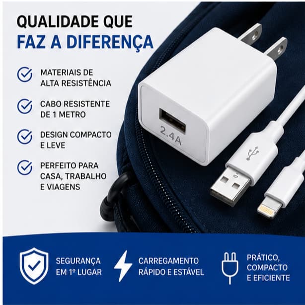 Carregador Rápido 12W 2.4A para iPhone Lightning com Cabo USB 1 Metro Kit Fonte Parede Plug Americano