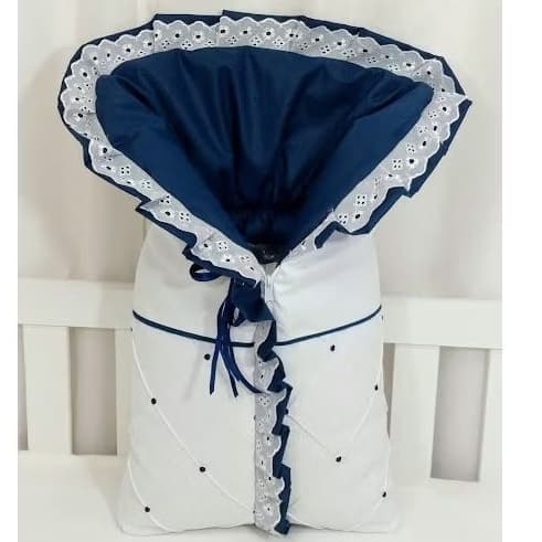 Porta Bebê Saco De Dormir Branco C/ Azul Marinho P/ Menino Tecido Pique 100%