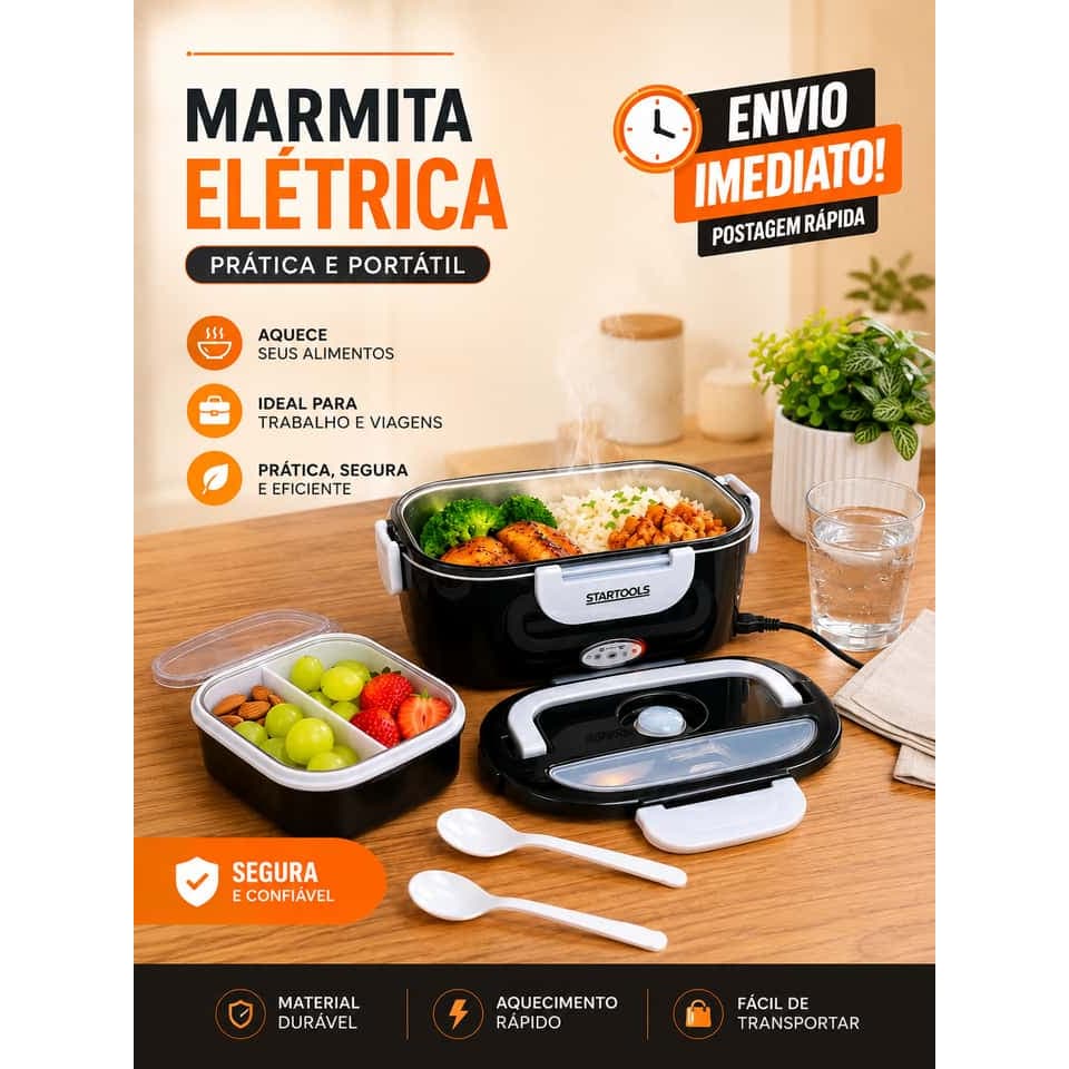 Marmita Elétrica Térmica AQUECER Comida Compacta Tomada Bivolt 110V/220V  Dieta Fitness -Preta