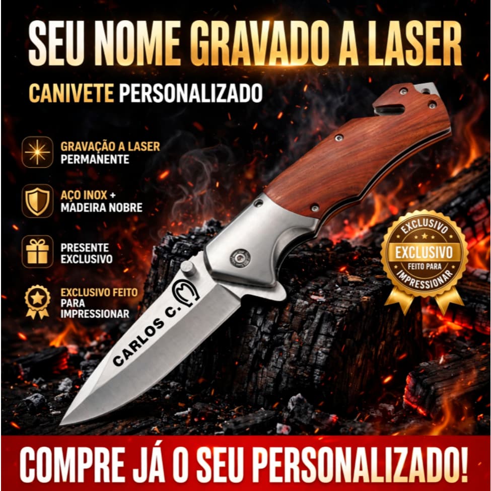 Canivete de Bolso Portáti cabo de madeira resistente com nome personalizado a laser, Presente premium, brinde pers