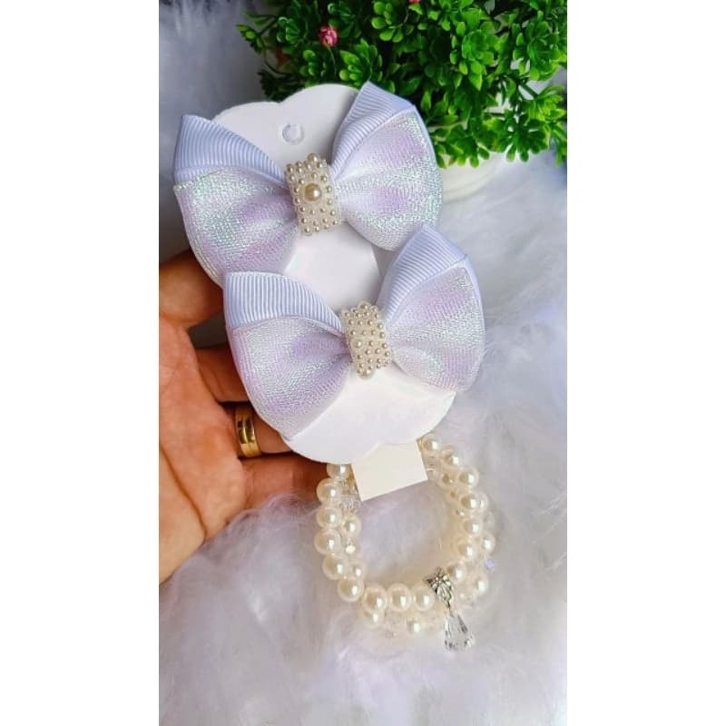 Duplinha Cristal 2 Laços Infantis + Kit 3 Pulseiras de Miçangas Menina Parzinhos