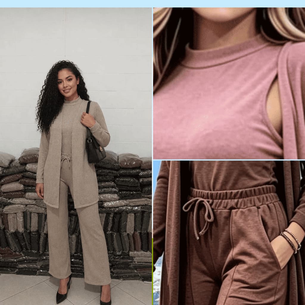 Conjunto Feminino 3 Peças Lancinha | Blusa + Cardigã + Calça Pantalona | Versátil para Paseio Dia a Dia ou Trabalho